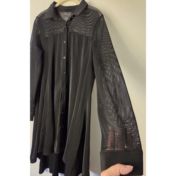 Gracia A-Line Long Sleeved Mesh Trim Shirt Dress Button Front Hi Lo Womens L - Picture 2 of 11